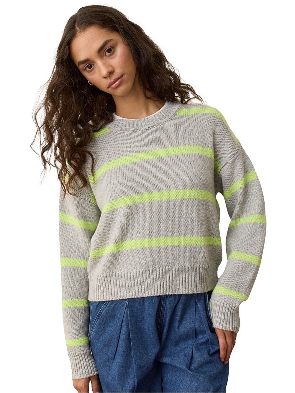 Marine Layer Mirage Stripe Eco Crewneck - Heather Gray/Lime